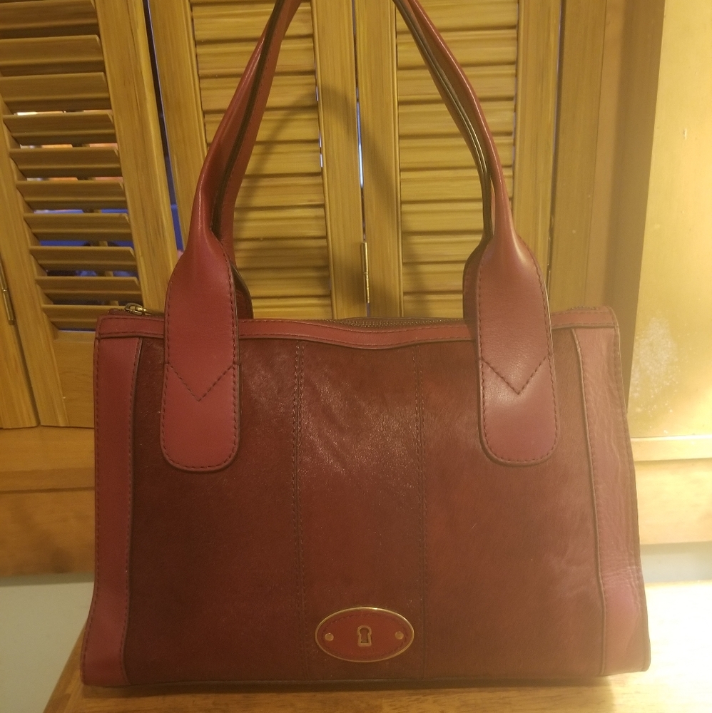 Fossil Red Leather Faux Fur Handbag